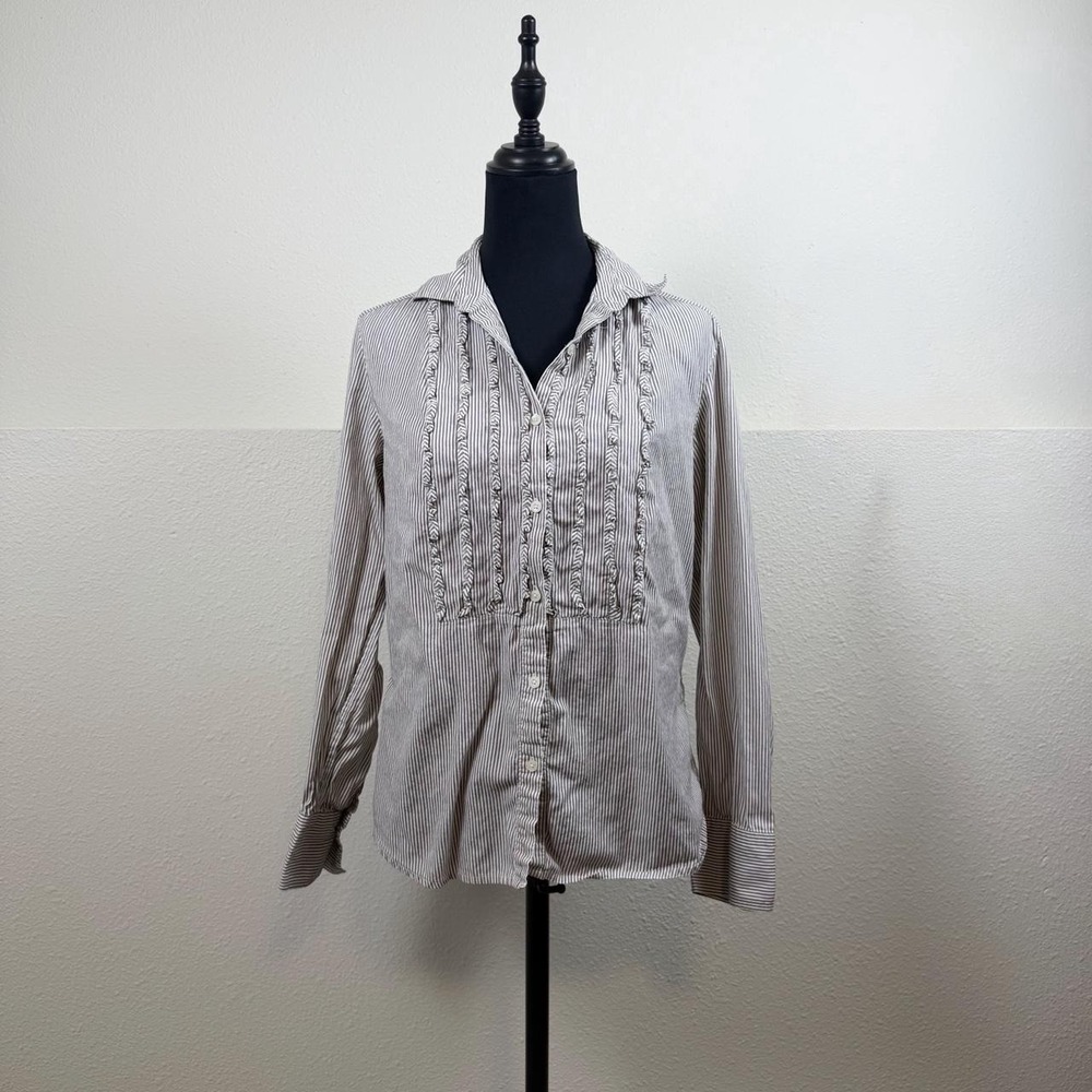 Talbots Vintage 100% Cotton Preppy Striped Ruffle Button-Up Blouse — Size S